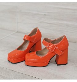 Women Square Toe Patent Chunky Heel Pumps Ankle Strap Orange $28.78 Pumps