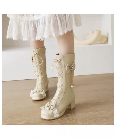 Ladies Winter Lovely Round Toe Mid Calf Military Riding Boots Beige 3 $26.46 Boots