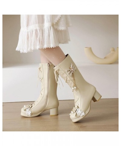 Ladies Winter Lovely Round Toe Mid Calf Military Riding Boots Beige 3 $26.46 Boots