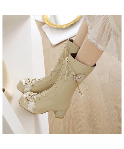 Ladies Winter Lovely Round Toe Mid Calf Military Riding Boots Beige 3 $26.46 Boots