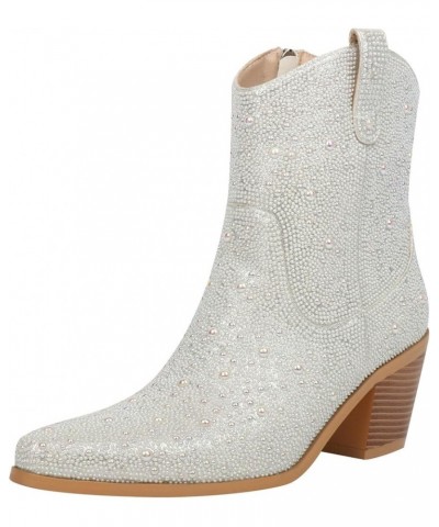 Rhinestone Cowboy Boots Women Glitter Chunky Heel Western Cowgirl Booties Sparkly Pointed Toe Wedding Shoes Pearl Silver $36....