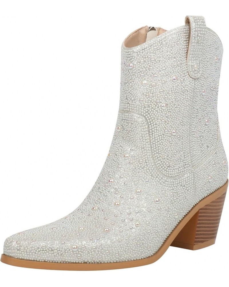 Rhinestone Cowboy Boots Women Glitter Chunky Heel Western Cowgirl Booties Sparkly Pointed Toe Wedding Shoes Pearl Silver $36....