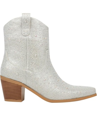 Rhinestone Cowboy Boots Women Glitter Chunky Heel Western Cowgirl Booties Sparkly Pointed Toe Wedding Shoes Pearl Silver $36....