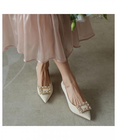 Anti-Slip Mid Chunky Heel Pumps for Women Comfort Satin Pointed Toe Slip On Prom Dress Pump Shoes Beige $39.21 Pumps