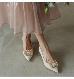 Anti-Slip Mid Chunky Heel Pumps for Women Comfort Satin Pointed Toe Slip On Prom Dress Pump Shoes Beige $39.21 Pumps