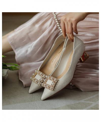 Anti-Slip Mid Chunky Heel Pumps for Women Comfort Satin Pointed Toe Slip On Prom Dress Pump Shoes Beige $39.21 Pumps