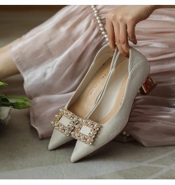 Anti-Slip Mid Chunky Heel Pumps for Women Comfort Satin Pointed Toe Slip On Prom Dress Pump Shoes Beige $39.21 Pumps