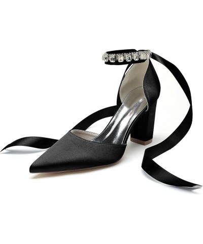 Womens Elegant Formal Shoes Chunky High Heel Bridal Wedding Pumps with Ribbon JY173 Black $25.07 Pumps