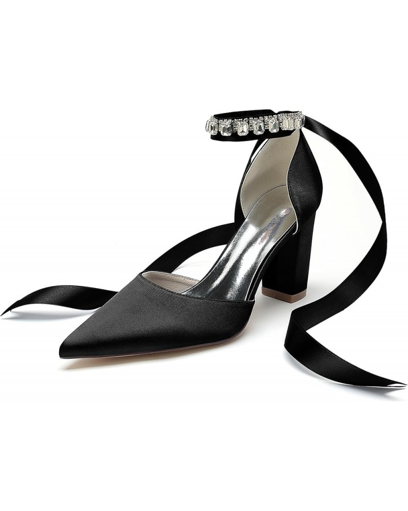 Womens Elegant Formal Shoes Chunky High Heel Bridal Wedding Pumps with Ribbon JY173 Black $25.07 Pumps