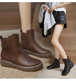 Womens Booties Belt Buckle Ankle Boots Elastic Leather Round Toe Flat Side Zipper Pull-On Boots Casual Retro Low Heel Stitchi...