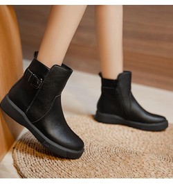 Womens Booties Belt Buckle Ankle Boots Elastic Leather Round Toe Flat Side Zipper Pull-On Boots Casual Retro Low Heel Stitchi...