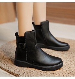 Womens Booties Belt Buckle Ankle Boots Elastic Leather Round Toe Flat Side Zipper Pull-On Boots Casual Retro Low Heel Stitchi...