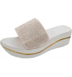 Women's Breathable Open Toe Slide Sandals Fashion Rhinestone Decor Slip on Sandals Solid Color Fish Mouth Wedge Slipper (Whit...