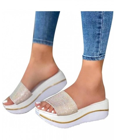 Women's Breathable Open Toe Slide Sandals Fashion Rhinestone Decor Slip on Sandals Solid Color Fish Mouth Wedge Slipper (Whit...