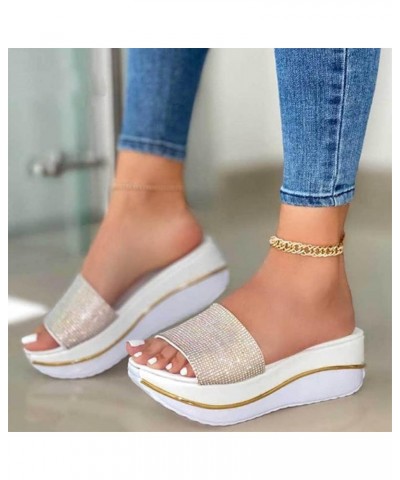 Women's Breathable Open Toe Slide Sandals Fashion Rhinestone Decor Slip on Sandals Solid Color Fish Mouth Wedge Slipper (Whit...