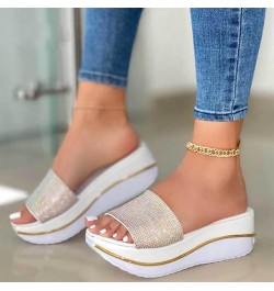 Women's Breathable Open Toe Slide Sandals Fashion Rhinestone Decor Slip on Sandals Solid Color Fish Mouth Wedge Slipper (Whit...