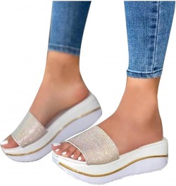 Women's Breathable Open Toe Slide Sandals Fashion Rhinestone Decor Slip on Sandals Solid Color Fish Mouth Wedge Slipper (Whit...