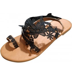 Womens Sandals Dressy Summer Flat Clip Toe Lace Floral Beach Flip Flop Shoes Elegant Ankle Strap Sandals A23 Black $14.38 San...