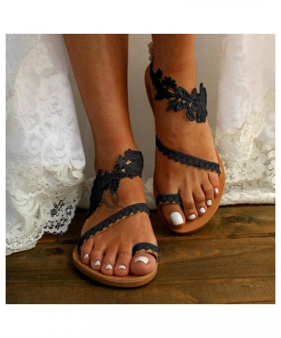 Womens Sandals Dressy Summer Flat Clip Toe Lace Floral Beach Flip Flop Shoes Elegant Ankle Strap Sandals A23 Black $14.38 San...