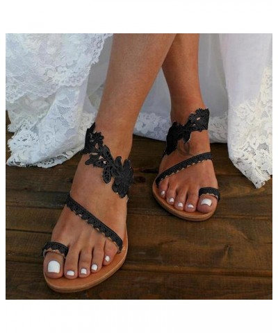 Womens Sandals Dressy Summer Flat Clip Toe Lace Floral Beach Flip Flop Shoes Elegant Ankle Strap Sandals A23 Black $14.38 San...