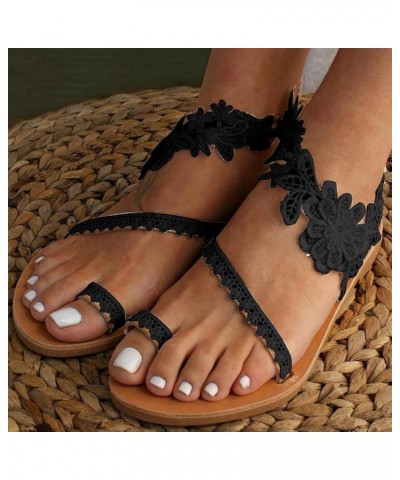 Womens Sandals Dressy Summer Flat Clip Toe Lace Floral Beach Flip Flop Shoes Elegant Ankle Strap Sandals A23 Black $14.38 San...