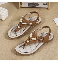 Women Bohemian Beaded Wedge Sandals Casual Breathable Open Toe Soft Bottom Flip Flops Non Slip Elastic Band Brown 6.5 $21.11 ...