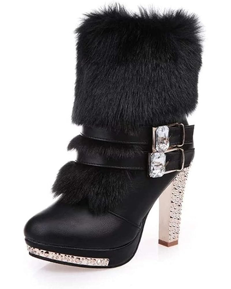 Women's Fur Lined Foldable Cuff Ankle Boots Antiskid Glitter High Heel Winter Side Zipper Short Booties Black $36.20 Boots