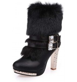 Women's Fur Lined Foldable Cuff Ankle Boots Antiskid Glitter High Heel Winter Side Zipper Short Booties Black $36.20 Boots