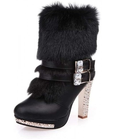 Women's Fur Lined Foldable Cuff Ankle Boots Antiskid Glitter High Heel Winter Side Zipper Short Booties Black $36.20 Boots