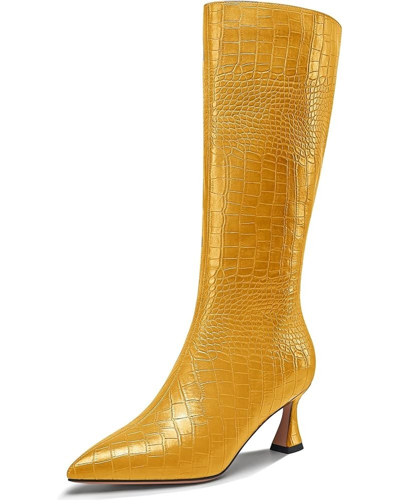 Womens Mid Heel Close Pointed Toe Zipper Prom Dress Mid Calf Knee High Boots Casual Winter Shoes 2.4 Inches Heels Yellow $48....