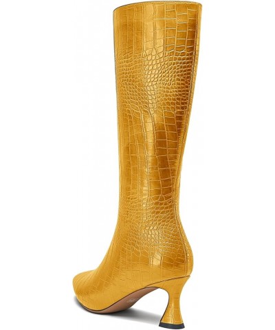 Womens Mid Heel Close Pointed Toe Zipper Prom Dress Mid Calf Knee High Boots Casual Winter Shoes 2.4 Inches Heels Yellow $48....