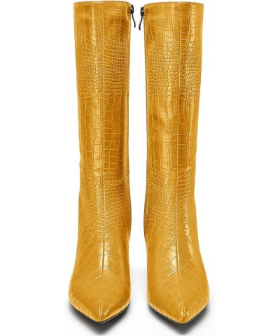 Womens Mid Heel Close Pointed Toe Zipper Prom Dress Mid Calf Knee High Boots Casual Winter Shoes 2.4 Inches Heels Yellow $48....