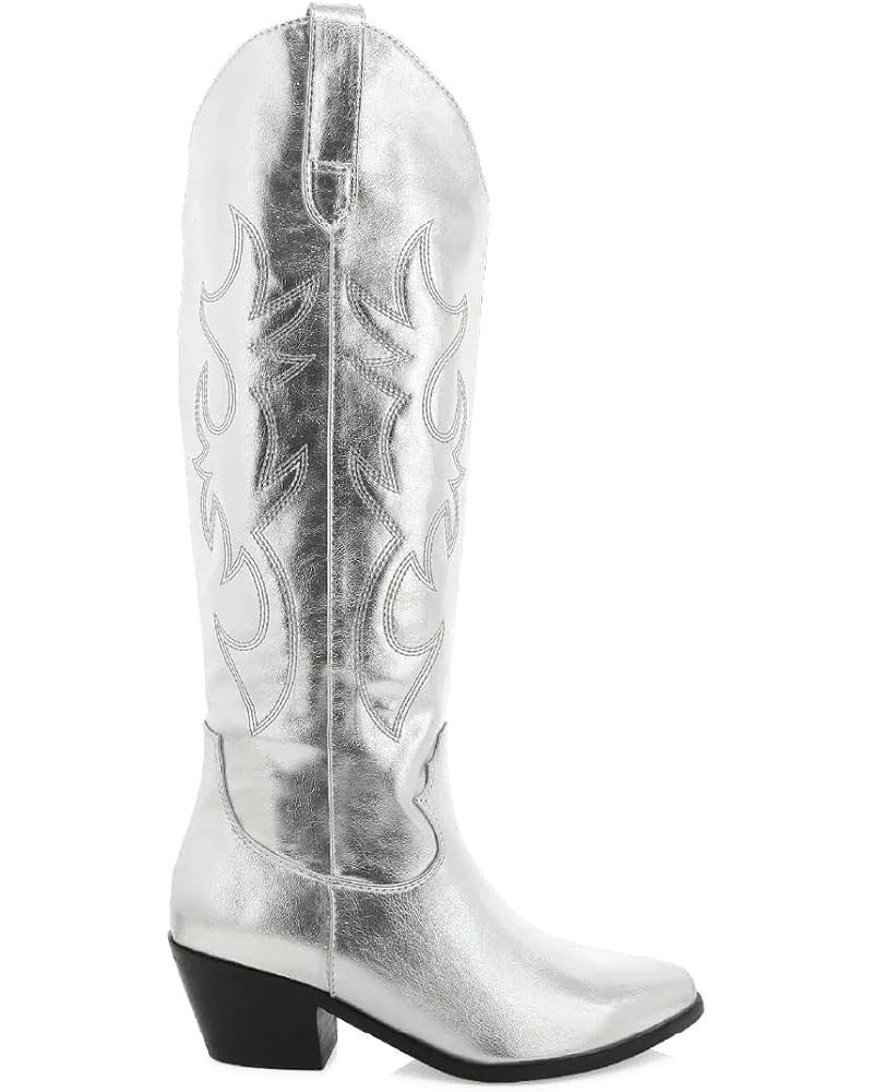 Knee High Cowboy Boots Women's Cowgirl Boots for Women Embroidered Fashion Pull on Tall Western Boot 1 Silver $19.59 Boots