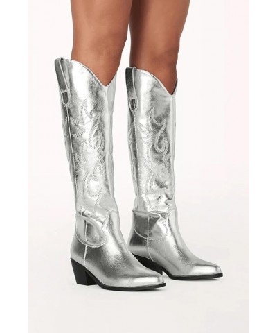 Knee High Cowboy Boots Women's Cowgirl Boots for Women Embroidered Fashion Pull on Tall Western Boot 1 Silver $19.59 Boots