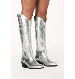 Knee High Cowboy Boots Women's Cowgirl Boots for Women Embroidered Fashion Pull on Tall Western Boot 1 Silver $19.59 Boots