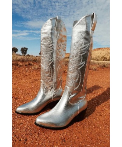 Knee High Cowboy Boots Women's Cowgirl Boots for Women Embroidered Fashion Pull on Tall Western Boot 1 Silver $19.59 Boots