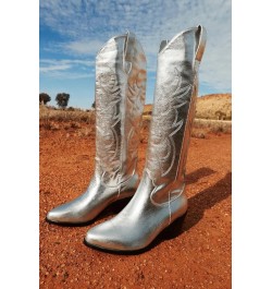 Knee High Cowboy Boots Women's Cowgirl Boots for Women Embroidered Fashion Pull on Tall Western Boot 1 Silver $19.59 Boots