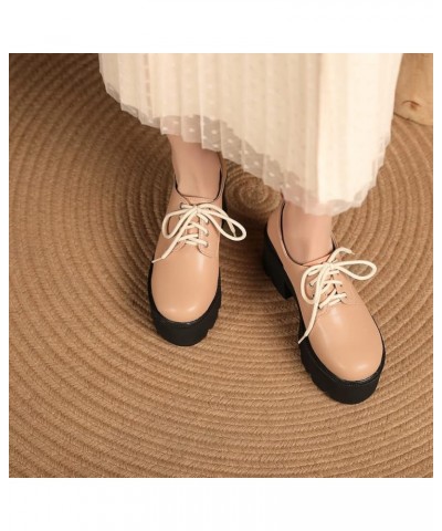 Women Autumn Platform Pumps Lace Up Round Toe Comfortable Thick Bottom High Heels Office Uniform Dress Shoes 36 Apricot $31.9...