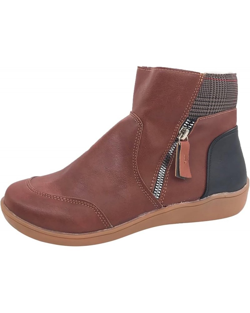 Boots Toe Ankle Women's Up Pleated Flat Vintage Fashion Round Zip Winter Women's Boots Super Mini Boots Brown-3 $12.68 Boots