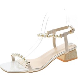 Fashion Sandals Women 2021 Summer Thick-Heeled Square-Toe Women's Sandals Simple Pearl Word Belt Mid-Heel Sandals Women Cream...