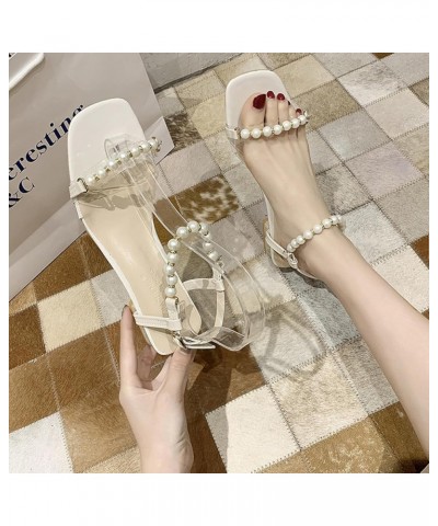 Fashion Sandals Women 2021 Summer Thick-Heeled Square-Toe Women's Sandals Simple Pearl Word Belt Mid-Heel Sandals Women Cream...