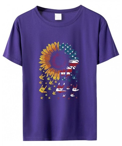 Puff Shirt Day T Shirts Cute USA Flag Sunflower Graphic 4 July Patriotic Tees Tops Super Soft Shirts Women Purple-2024 Indepe...