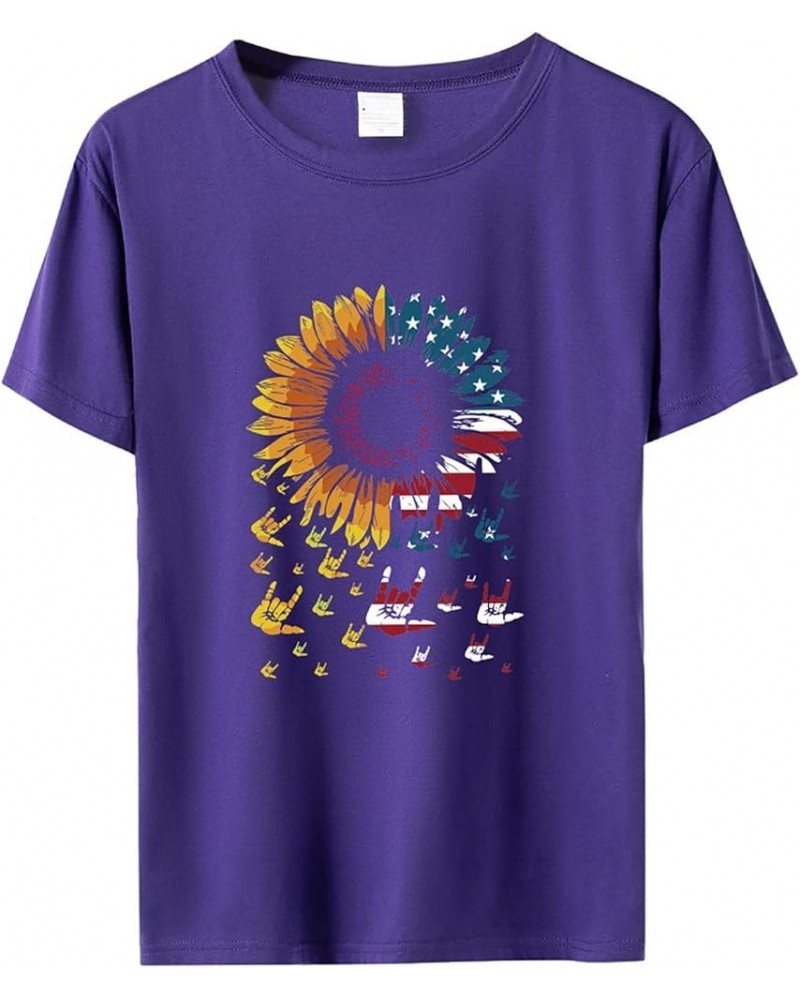 Puff Shirt Day T Shirts Cute USA Flag Sunflower Graphic 4 July Patriotic Tees Tops Super Soft Shirts Women Purple-2024 Indepe...