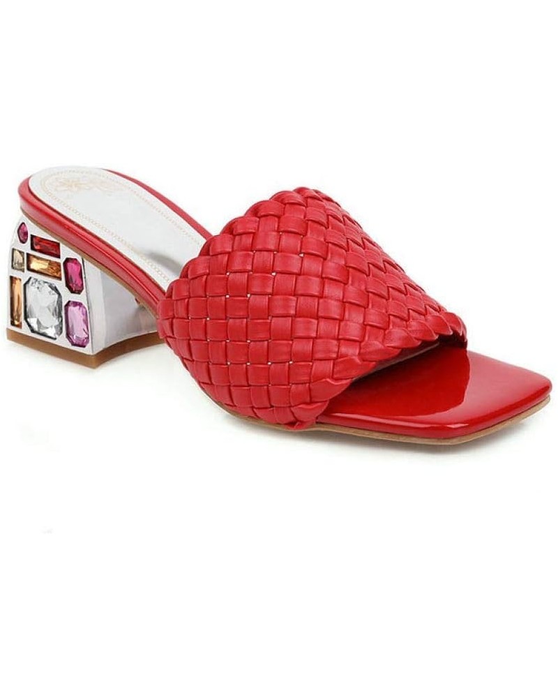 Womens Rhinestone Chunky Heels Slide Sandals Braided Square Peep Toe Slip on Mules Shoes Red $26.85 Sandals