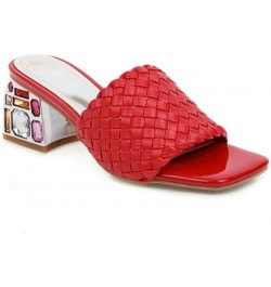 Womens Rhinestone Chunky Heels Slide Sandals Braided Square Peep Toe Slip on Mules Shoes Red $26.85 Sandals