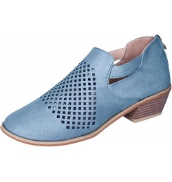 Ankle Boots for Women Block Heel Round Toe Short Booties Breathable Retro Fashion Casual Shoes Boots Blue $14.79 Boots