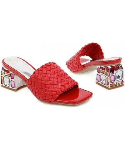 Womens Rhinestone Chunky Heels Slide Sandals Braided Square Peep Toe Slip on Mules Shoes Red $26.85 Sandals