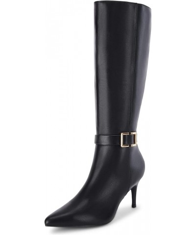 Womens Knee High Boots Stiletto Heels Suede Pointed Toe Wide Calf Metal Buckle Side Zipper Winter Boots Cool Black $21.60 Boots