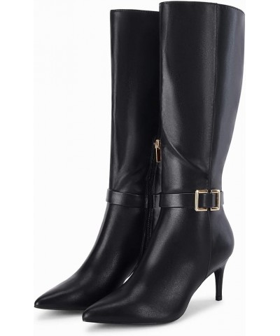 Womens Knee High Boots Stiletto Heels Suede Pointed Toe Wide Calf Metal Buckle Side Zipper Winter Boots Cool Black $21.60 Boots