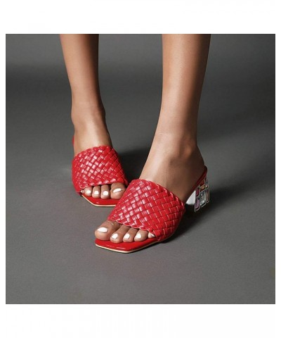 Womens Rhinestone Chunky Heels Slide Sandals Braided Square Peep Toe Slip on Mules Shoes Red $26.85 Sandals